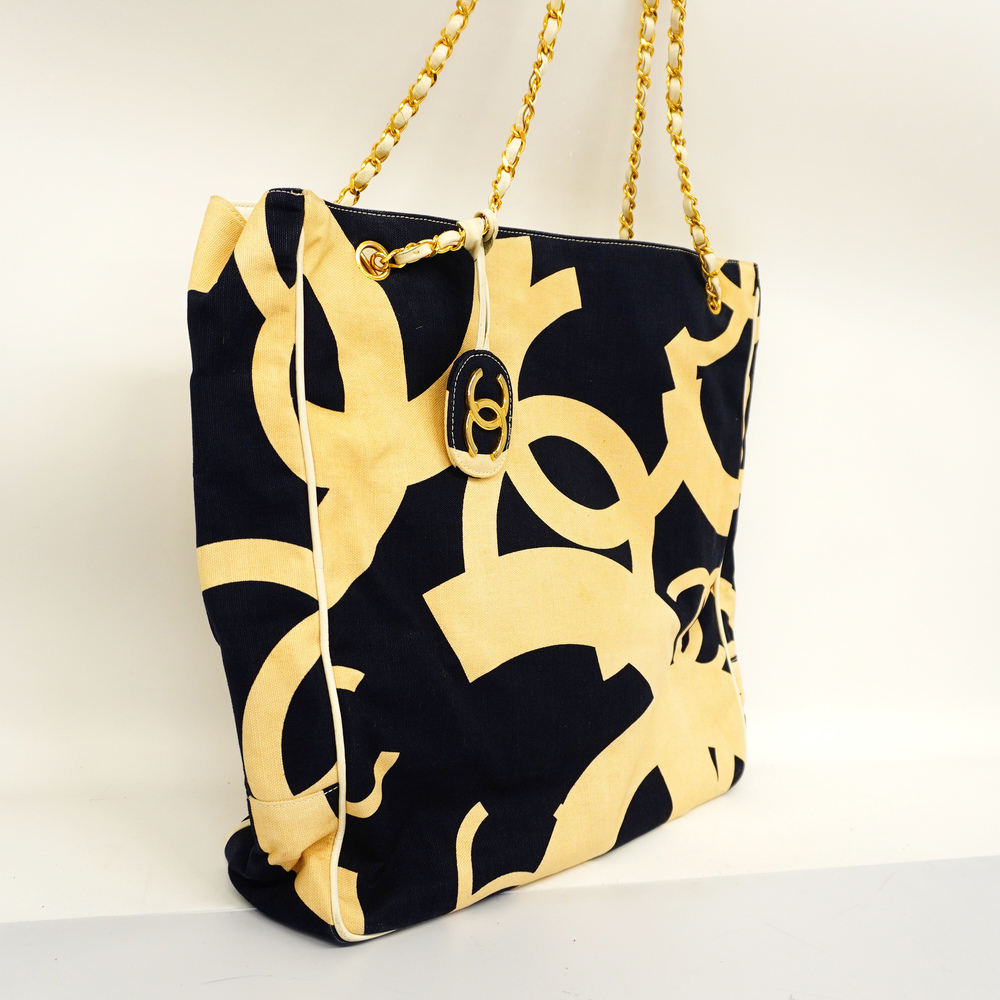 CHANELAuth  Chain Shoulder Women's Canvas Shoulder Bag Beige,Navy